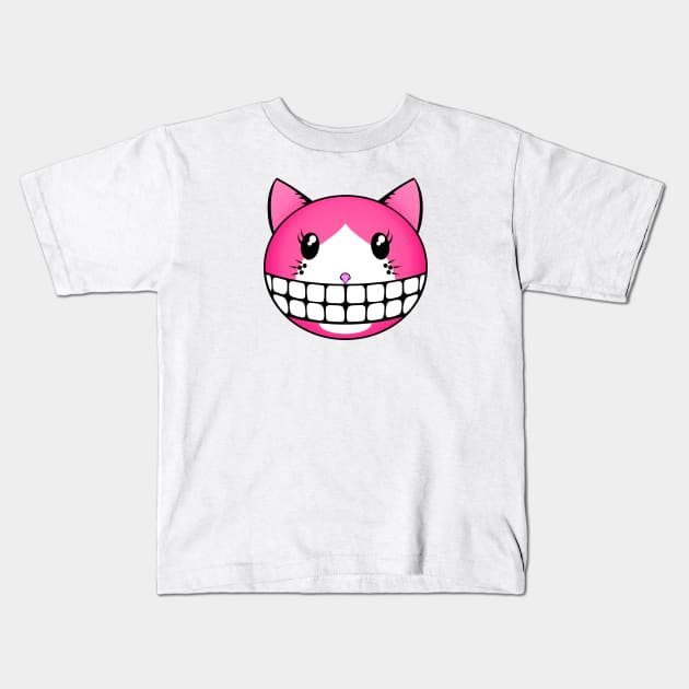 Pink Tuxie Kitty with Cheshire Grin Kids T-Shirt by RawSunArt